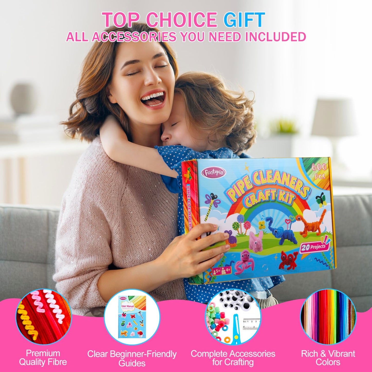 800pcs Pipe Cleaners Crafts Kit, 30 Colors Pipe Cleaners Bulk with 20 Designs Instruction Book, Colorful Chenille Stems for Animal Flower Creative Projects DIY, Arts and Crafts for Kids Ages 4-12