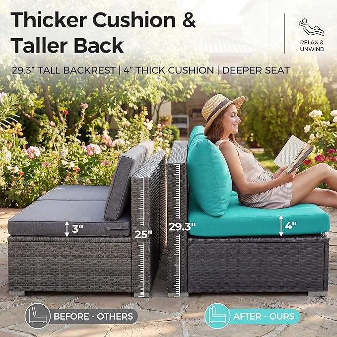 NICESOUL 29.3'' High-Back Outdoor Patio Furniture Set with Firepit Propane & Natural Gas, Oversized Deep Seat Rattan Conversations for Tall People, 7 Piece Couches, 2 Color Cushions Turquoise & Grey