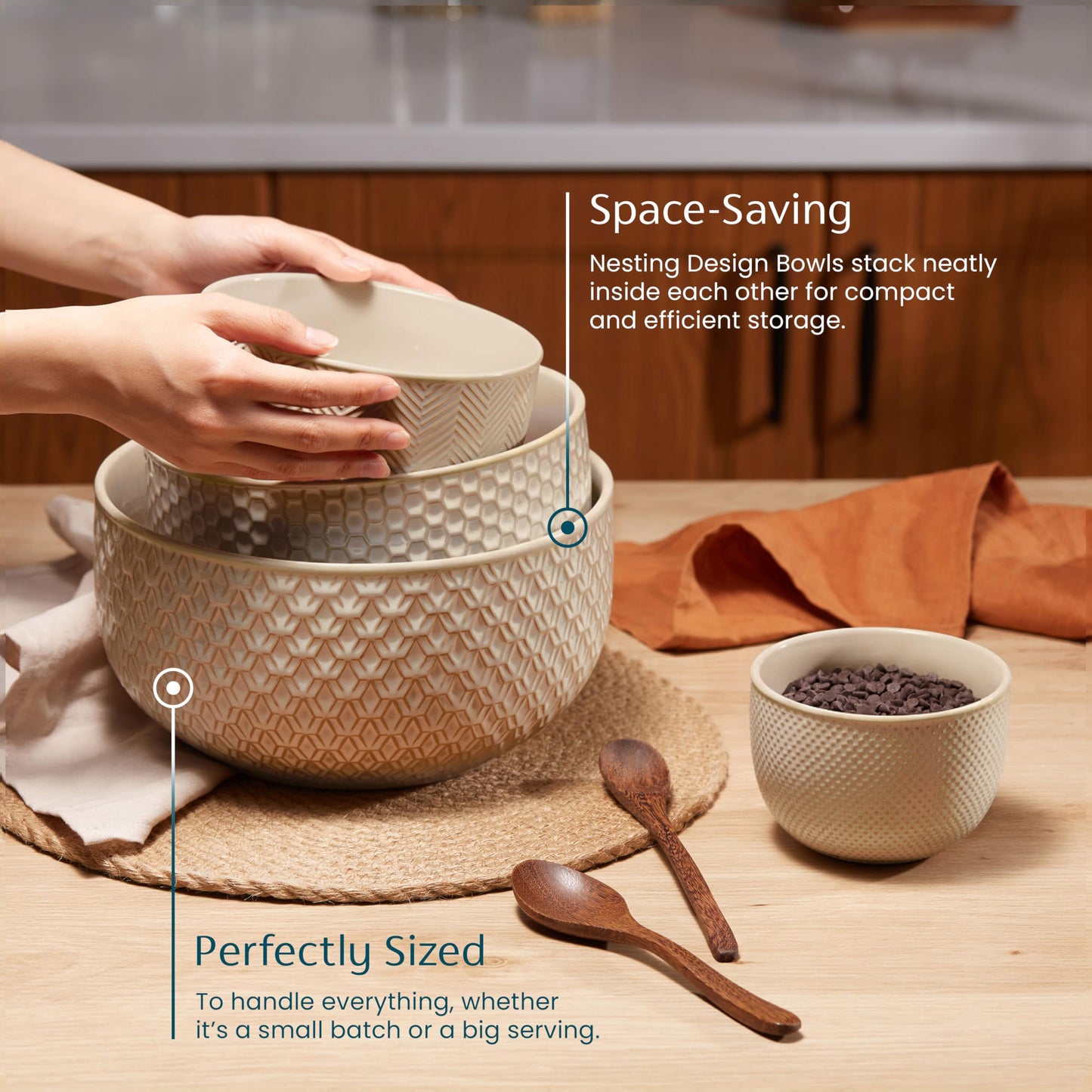 KooK Ceramic Mixing Bowls, Nesting Set of 4, Embossed Kitchen Dishware, Prep, Serving, Gift, Microwave and Dishwasher Safe, 20/44/98/145 oz, Narbonne Collection (Almond)