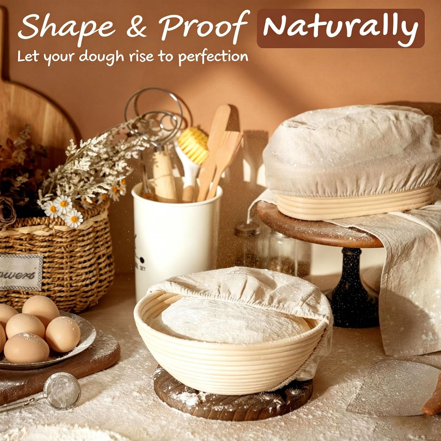 Beginner Sourdough Starter Kit - 9" Round & 10" Oval Banneton Proofing Baskets with Glass Starter Jar, Bread Sling, Dough Scrapers, Cooling Rack - Complete Homemade Baking Gift Set