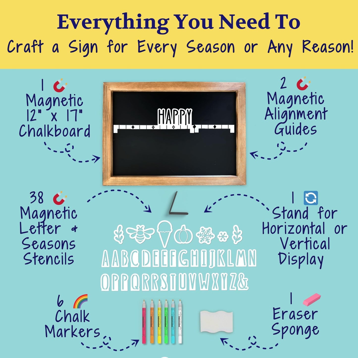 Magnetic Chalkboard Sign Kit - 12x17 Framed Hanging or Tabletop Chalk Board with Easel Stand, Acrylic Markers, Design & Letter Stencils for Chalkboard Art, Kitchen Countertop Menu (Rustic Wood)