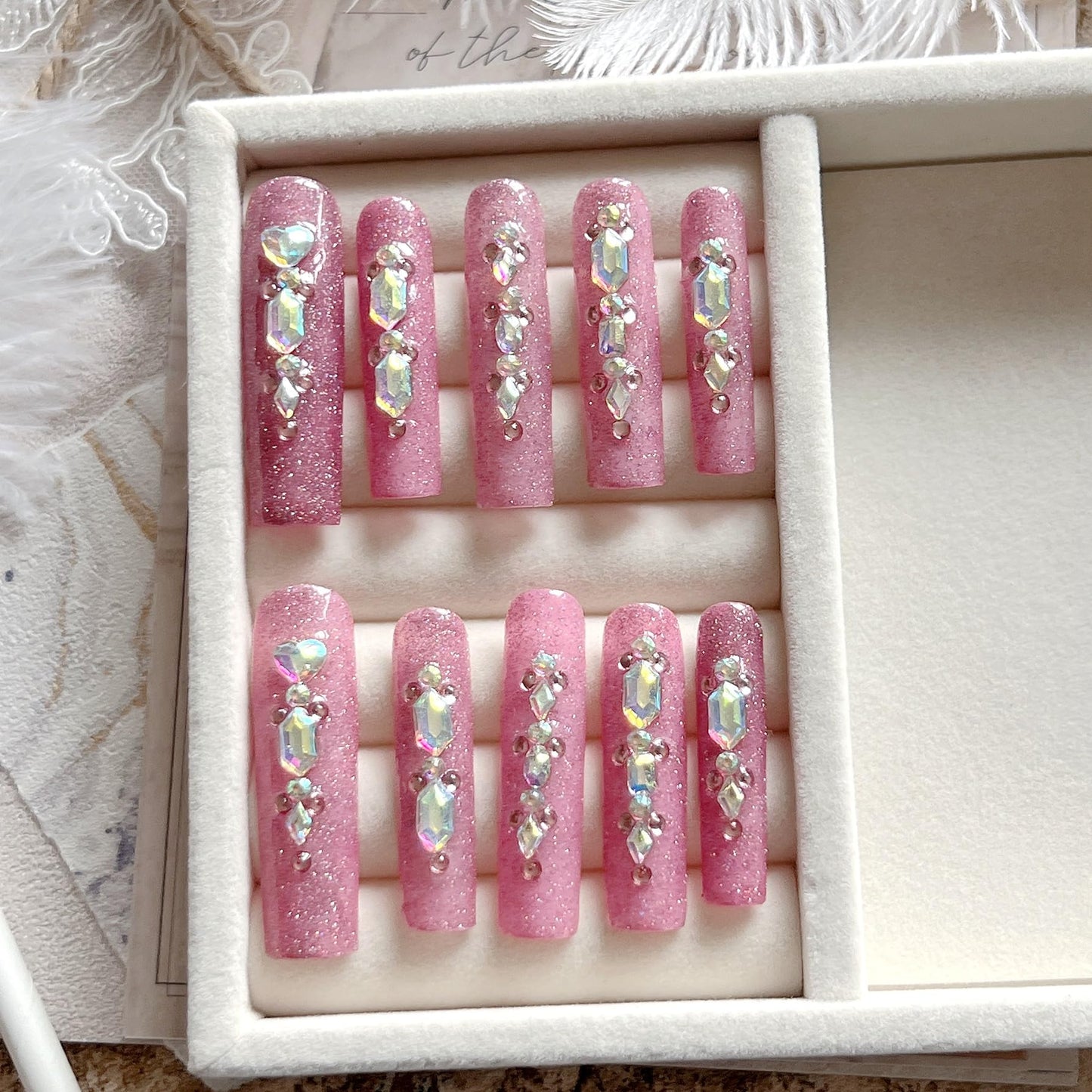 NAIL ANGEL 10PCS/SET Glamorous Handmade Press on nails Glitter Gem Rhinestone Long Coffin Nails Party Nails XXL Long Artifical Tips ZJ-05(S)