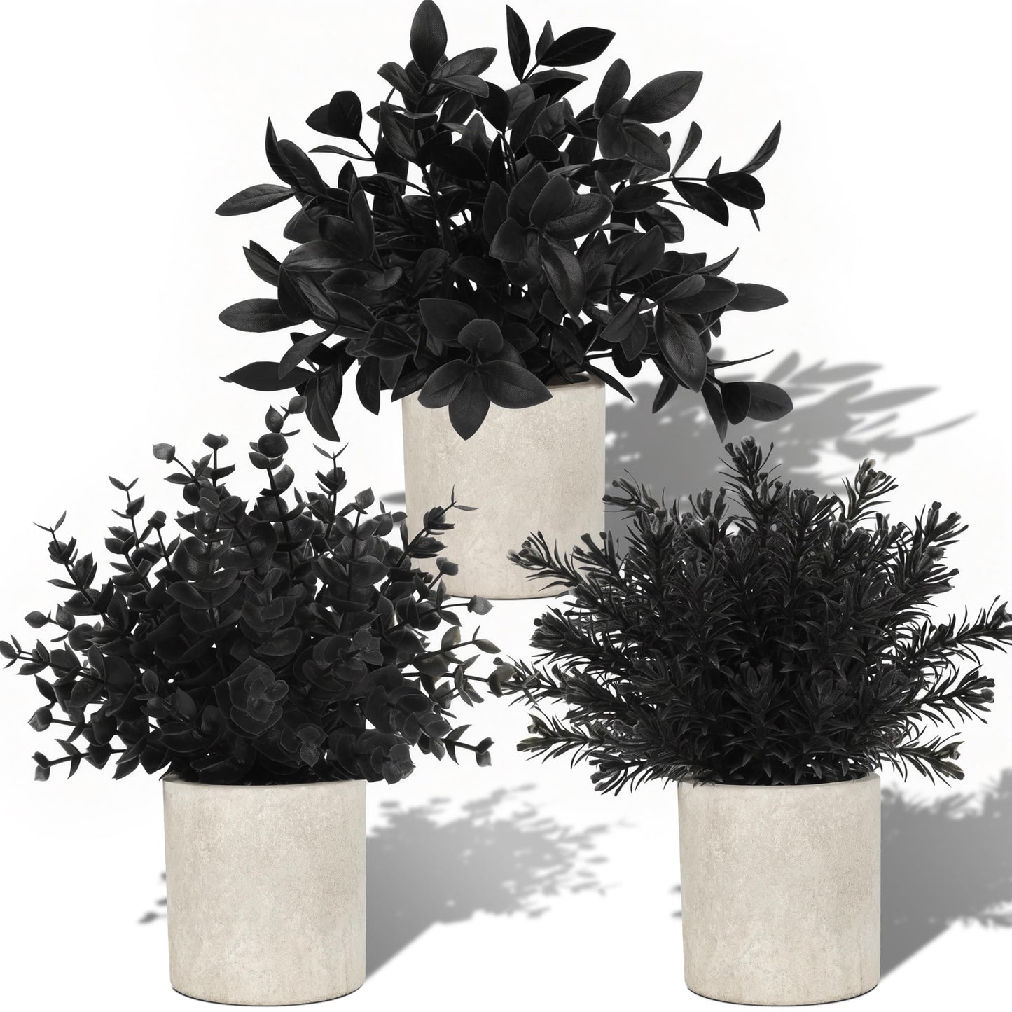 Der Rose 3 Pack Black Fake Plants Artificial Plants Plastic Eucalyptus for Bathroom Home Office Desk Farmhouse Room Table Black Christmas Decorations Gothic Decor Indoor