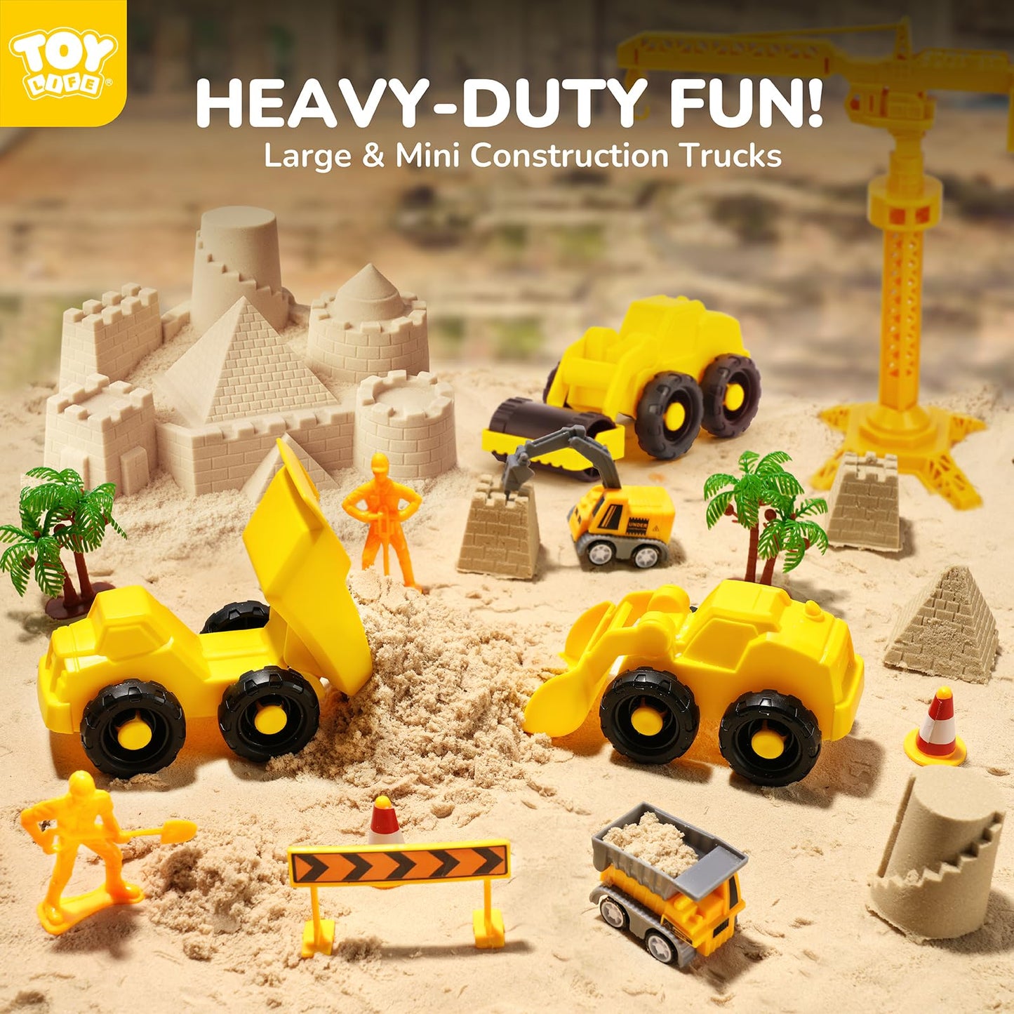 TOY Life 38 Pcs Sand Construction Kit with Big Foldable Sandbox with 2.2Ibs Magic Sand, Trucks, Castle Molds & Beach-Side Mat – Indoor Sandbox Toy Construction Sensory Bins for Toddlers