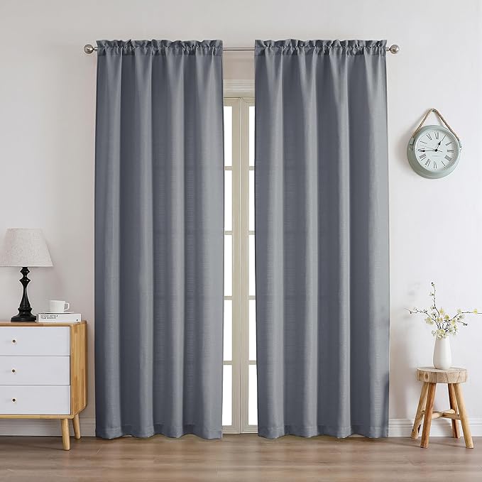 Chyhomenyc Dark Grey Curtains 72 Inch Length 2 Panels Set, Faux Linen Textured Semi Sheer Light Filtering Soft Airy Privacy Farmhouse Curtain Drapes for Living Room Bedroom, 40 Wx72 L Inches