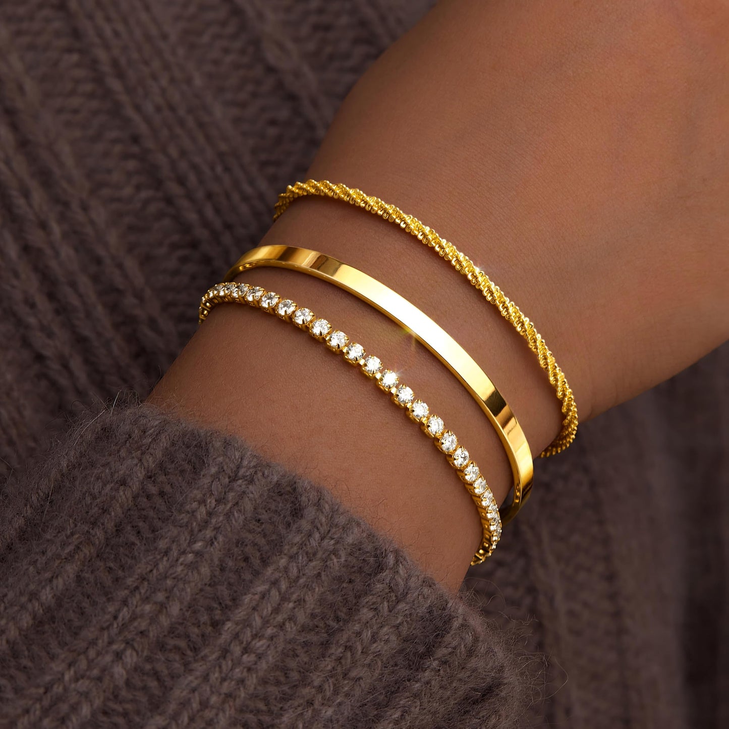 Gold Plated Tennis Bracelets Stack for Women, Bangle Link Chain Bracelets Set, Trendy Fashion Jewelry Gifts Adjustable