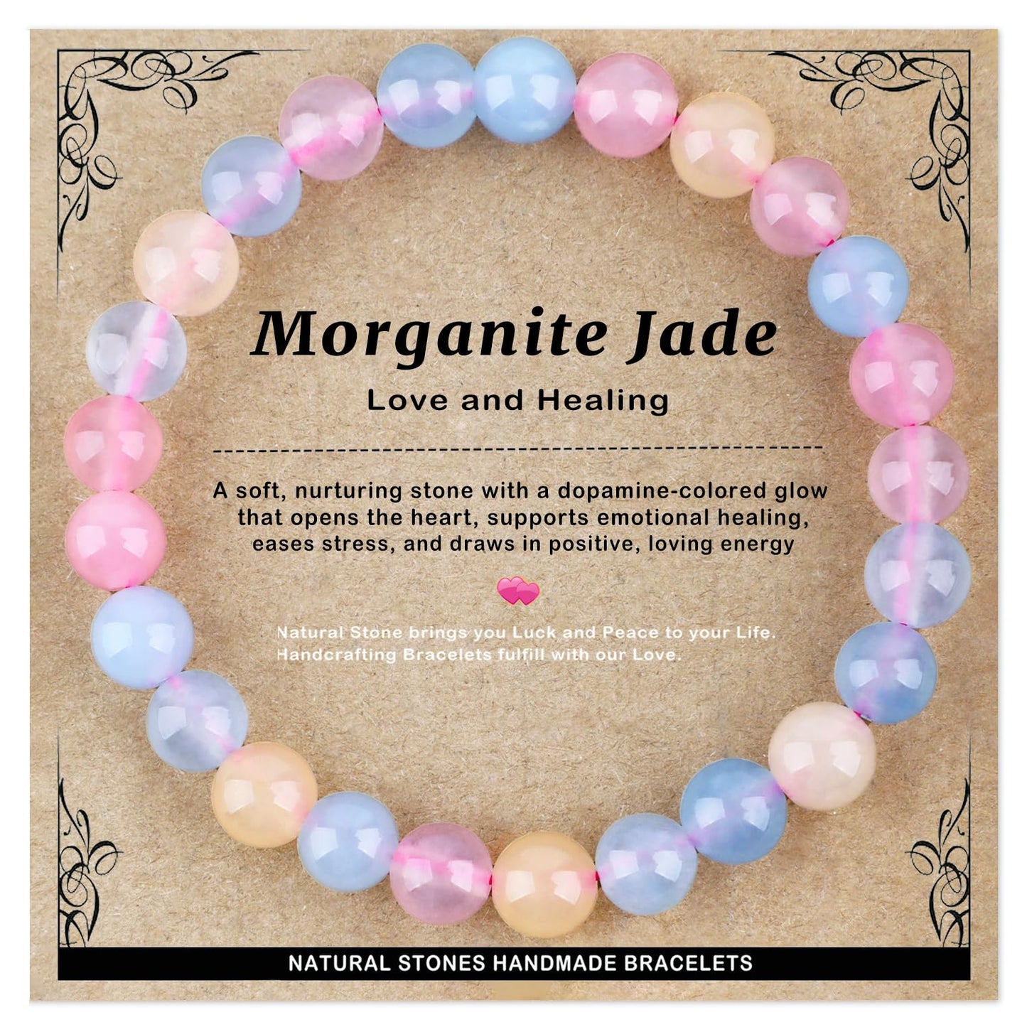 AD Beads 8mm Handmade Morganite Jade Elastic Bracelet – Natural Gemstone for Joy & Positivity – Meditation, Yoga, Healing and Energy Gift for Men Women