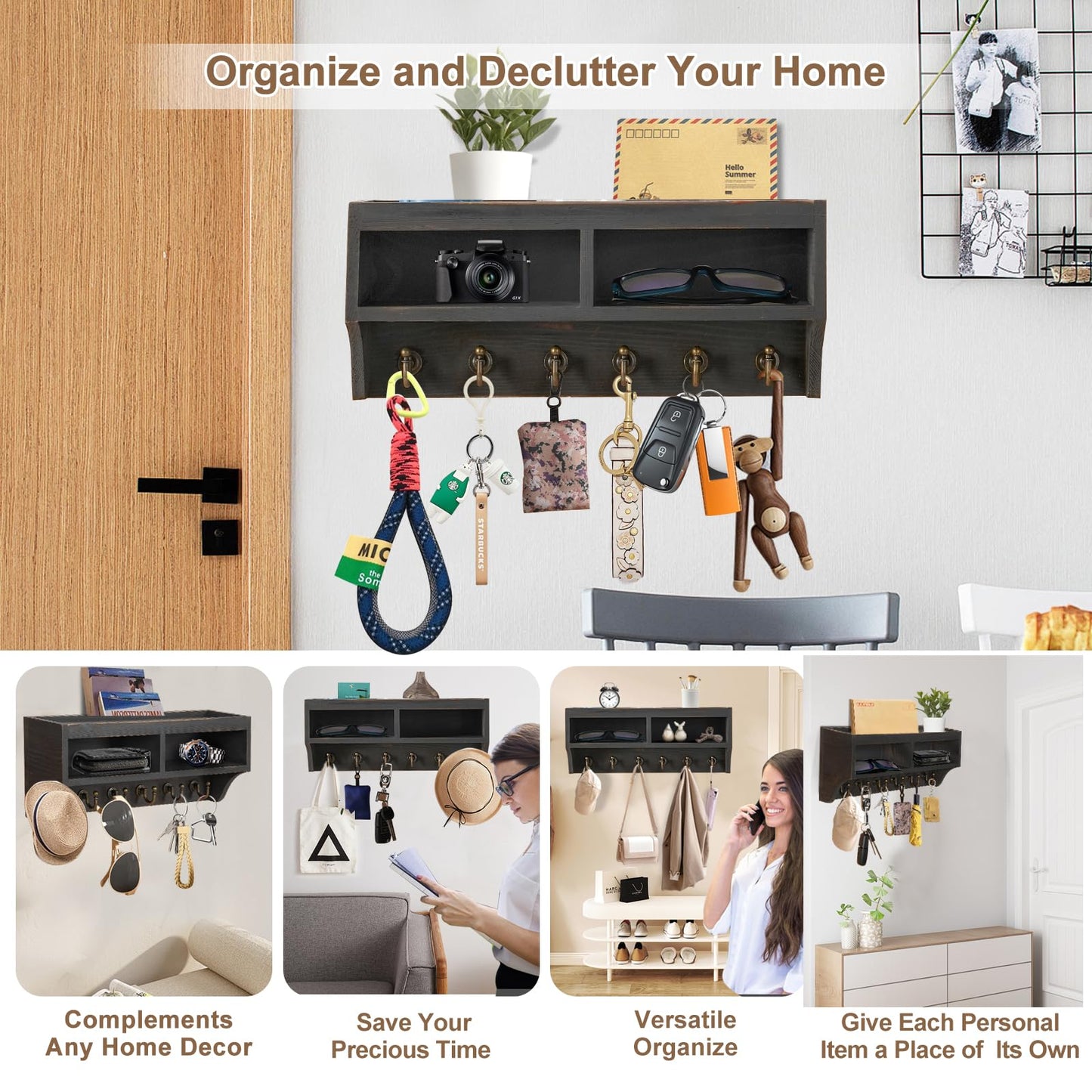Key Holder Wall Mount - Mail Organizer Wall Mount with 6 Key Hooks and Storage Box for Sunglasses Storage and Dog Leash Holder Home Decor Rack Apartment Farmhouse Shelf Entryway Organizer (Black)