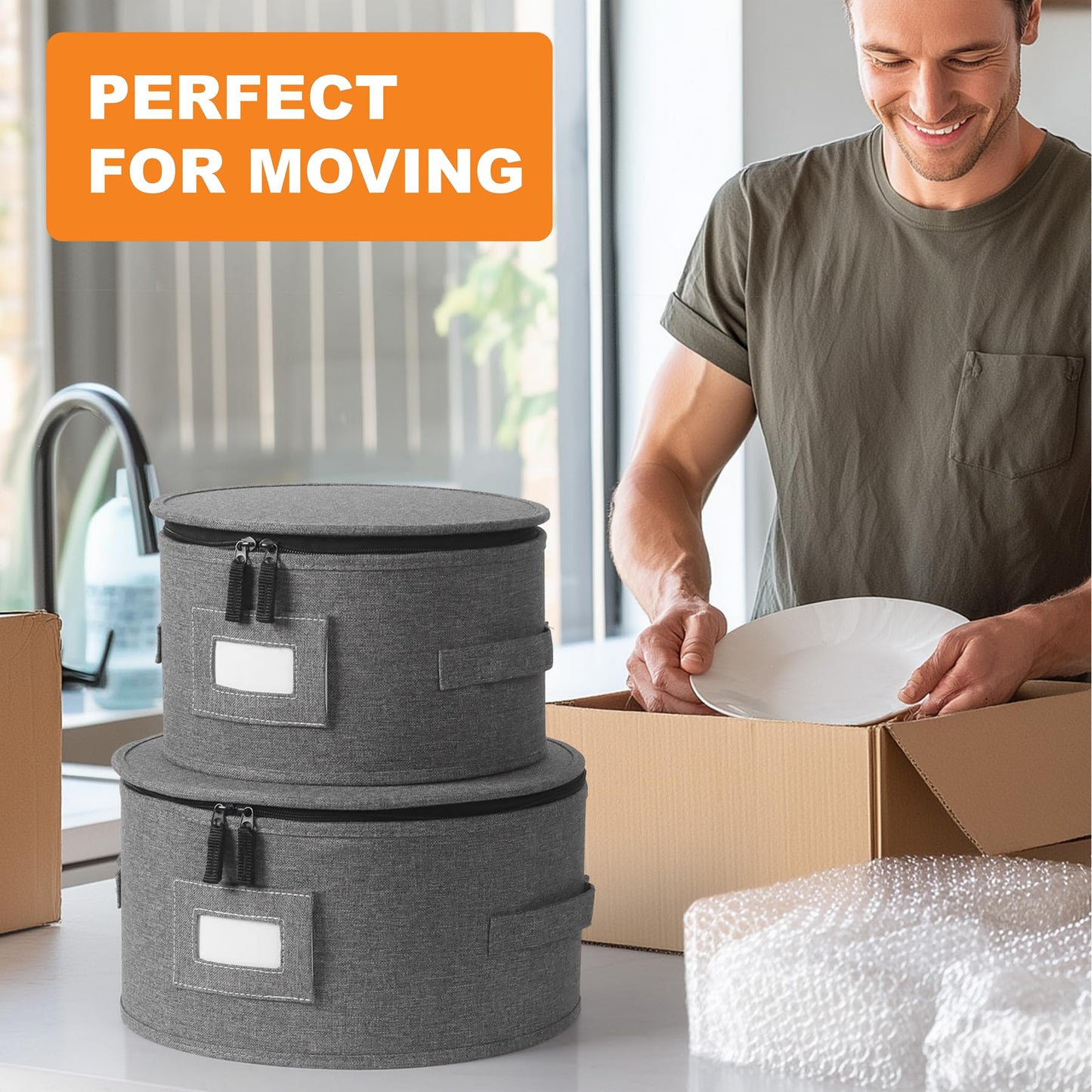 Kukikan China Storage Containers, 4 Pack Hard Shell Moving Boxes, Dish Storage Containers with Felt Dividers for Charger Plates Dinnerware, Stackable Cases for 12 Place Setting Up to 11.4" Dia.