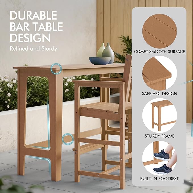 Ciokea Outdoor Bar Height Table Set of 5, 60" Extra Long Rectangle High Top Table and 4 Oversized Adirondack Chairs Set, Heavy-Duty All-Weather HDPE Patio Bar Set for Backyard Balcony Deck, Teak