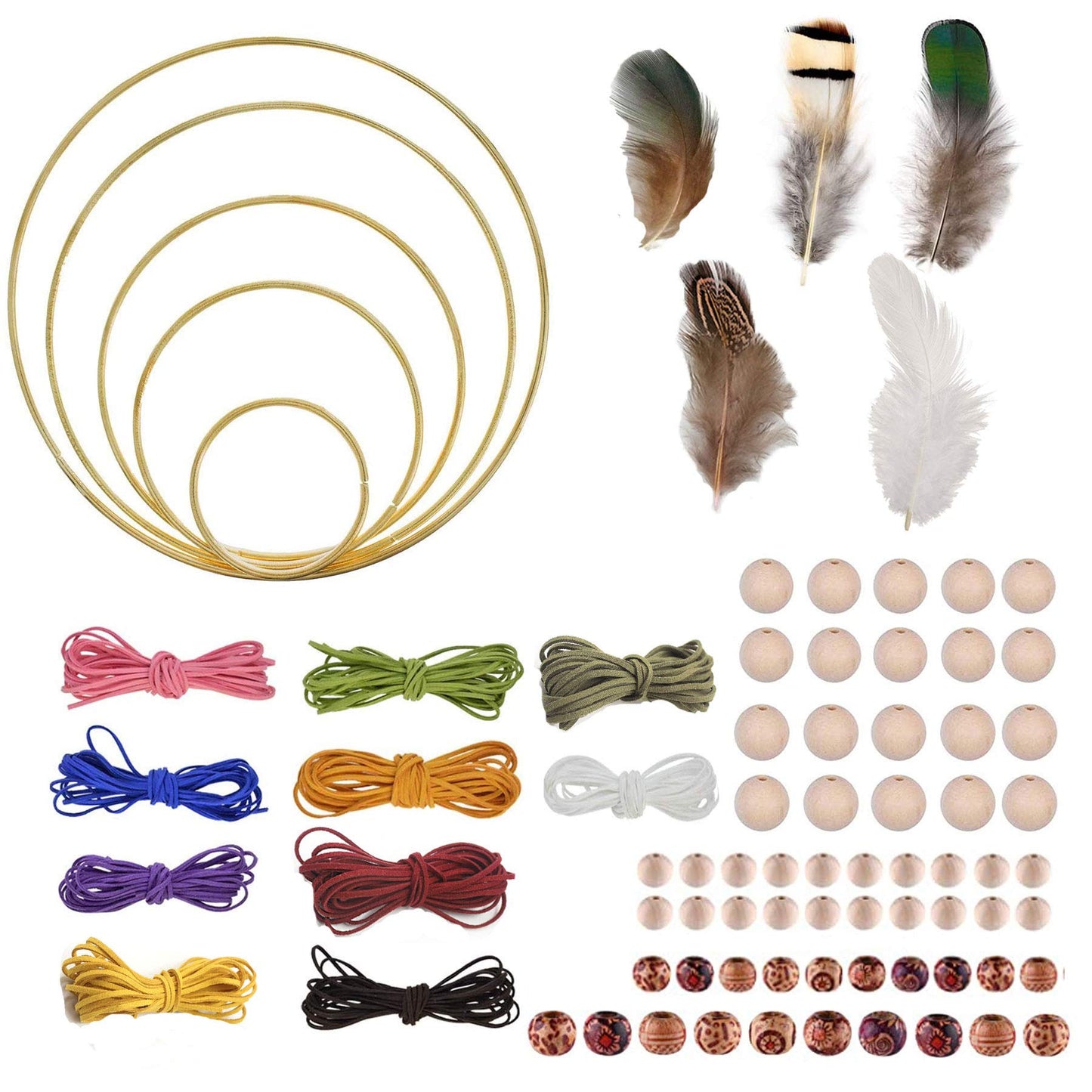 Gywantt DIY Dream Catcher Kit - 5 Gold Metal Hoops, 50 Feathers, 10 Pcs Faux Suede Cord, 60 Wood Beads