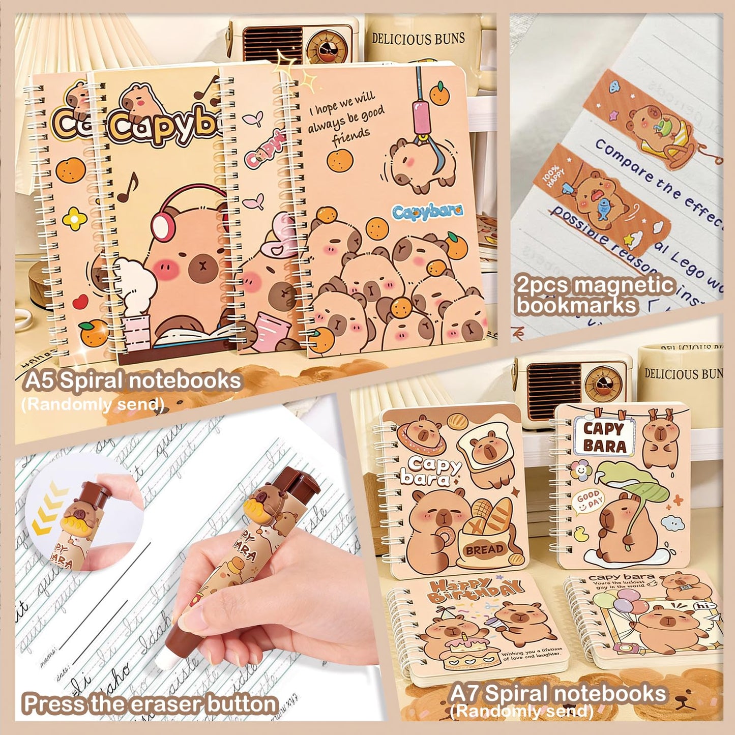 DHUENIOPE Capybara Gifts with Capybara Themed Tote Bag and Stationery Set Pencil Case Sticky Notes Ballpoint Pens Spiral Notebooks Sharpener, Highlighters, Ruler, Eraser for Rewards Birthdays Gift