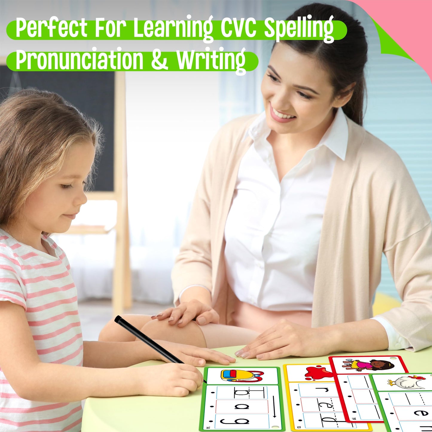 CVC Word Writing Cards, 100 Double-Sided Handwriting Cards 3-Level Short Vowel Spelling Flashcards CVC Sight Words Early Educational Tool for Kids 3 4 5 Years Old (3 Plastic Rings Included)