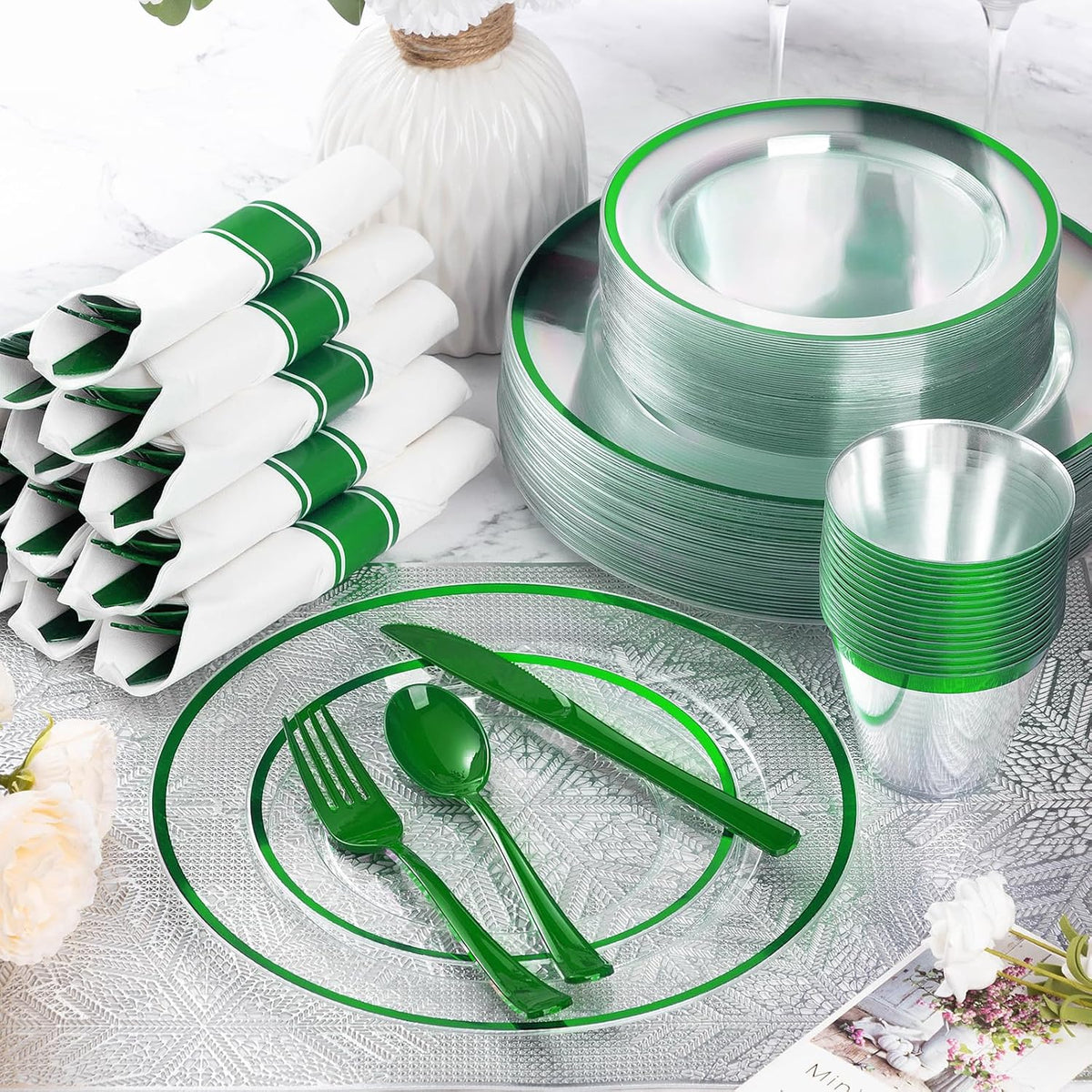 Goodluck 350 Piece Green Plastic Dinnerware Set for Party, Clear Disposable Plates for 50 Guests, Include: 50 Dinner Plates, 50 Dessert Plates, 50 Pre Rolled Napkins with Cutlery Set, 50 Cups