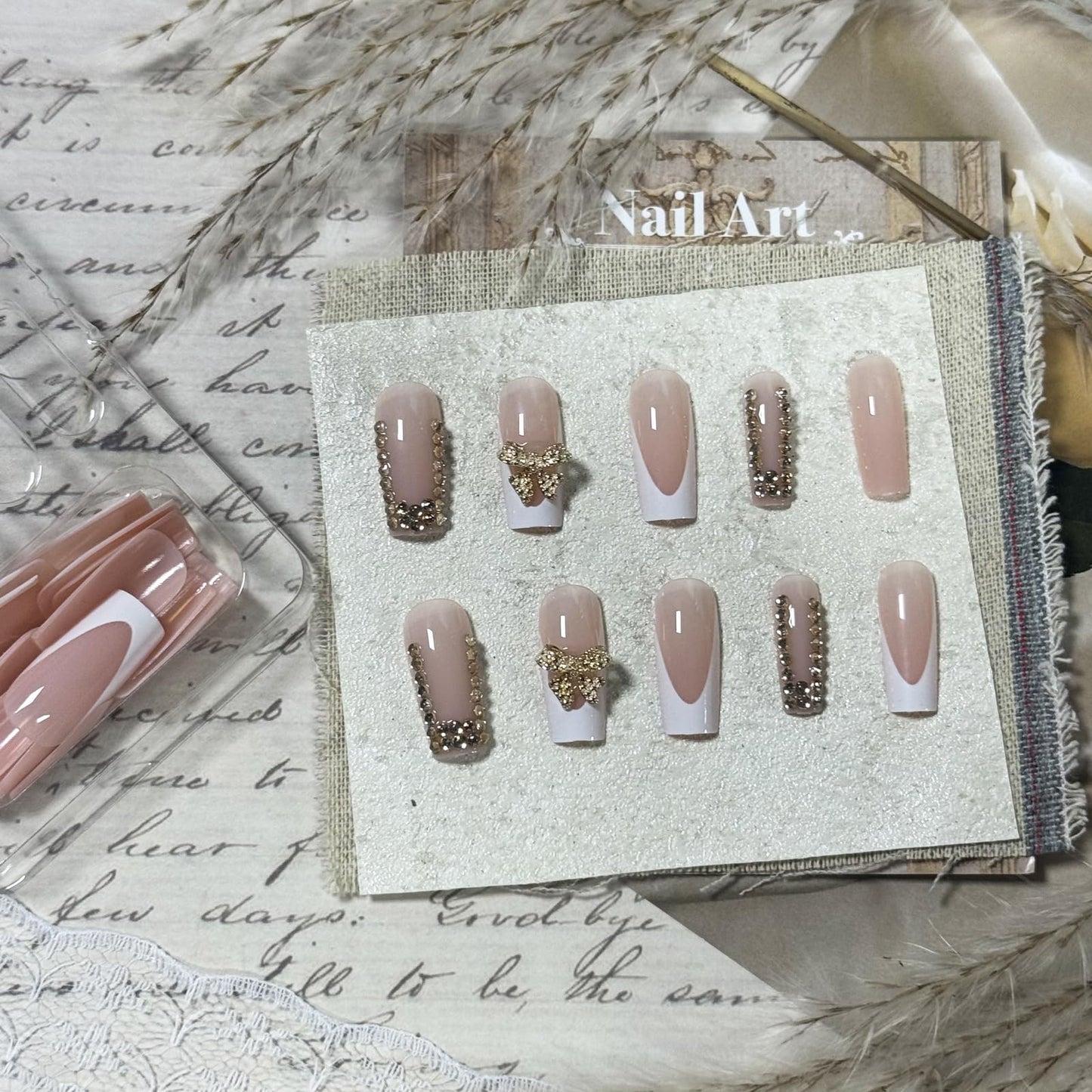 IMRAIN Long Square Press on Nails Golden French Tips Fake Nails with Rhinestone & Bow Designs Glossy Gel False Nails Artificial Stick on Nails for Women 24Pcs