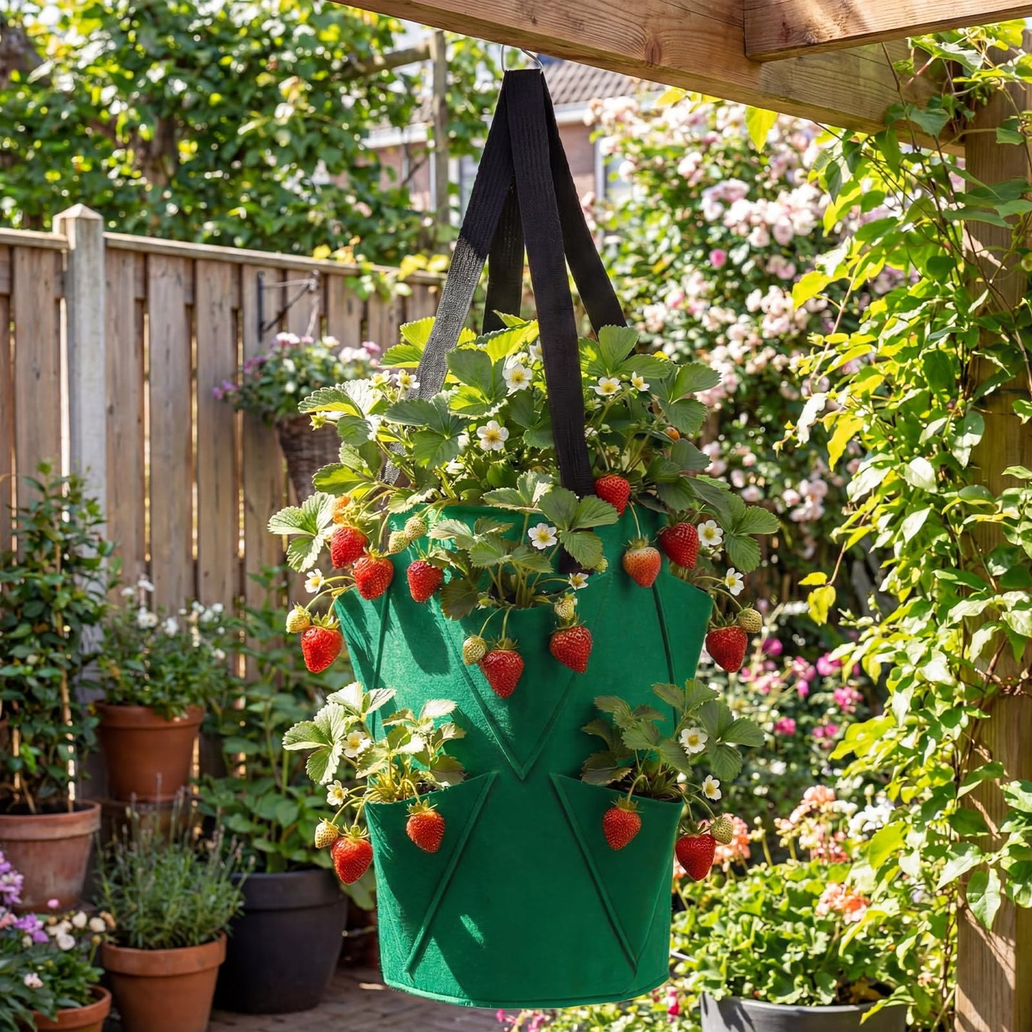 SATINIOR 10 Pack Upside Down Strawberry Planter Set Hanging Vegetables Grow Bags with 10 S Hooks, 3 Gallon Fabric Planting Bags for Easy Vertical Gardening(Deep Green)