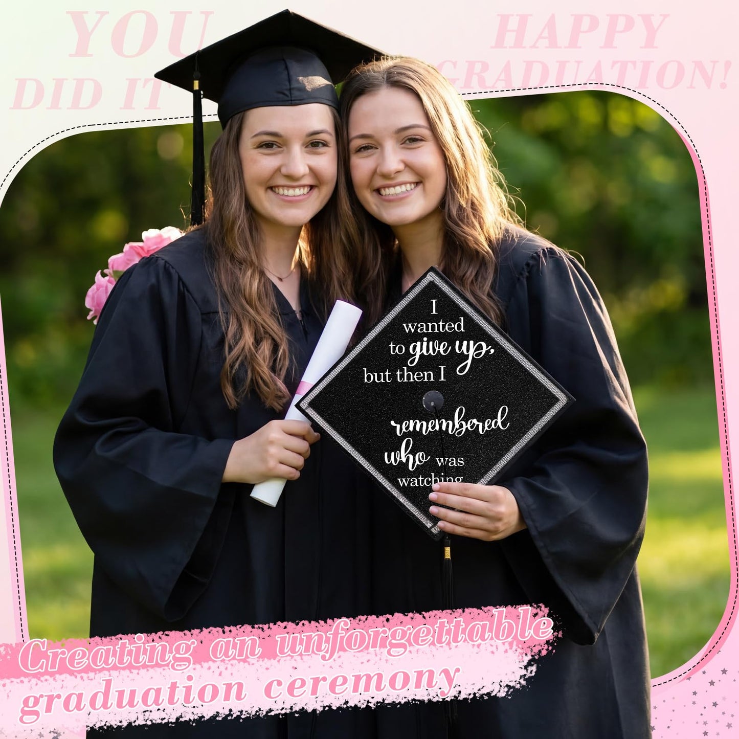 Dunzoom Black 16 Pcs Graduation Cap Decorations Kit Glitter DIY Cardstock Paper Letter Sticker for Graduation Hat Topper