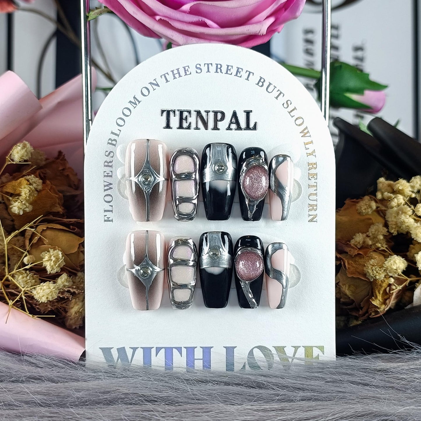 TENPAL Press On Nails Coffin,Sweet Edgy Crystal Cat Eye Nails with Pink/Black Galaxy Design,Hand-Painted Metallic Lines Aurora False Nails, Holographic Y2K Embossed Fake Nails 10pcs with Tools(XS)