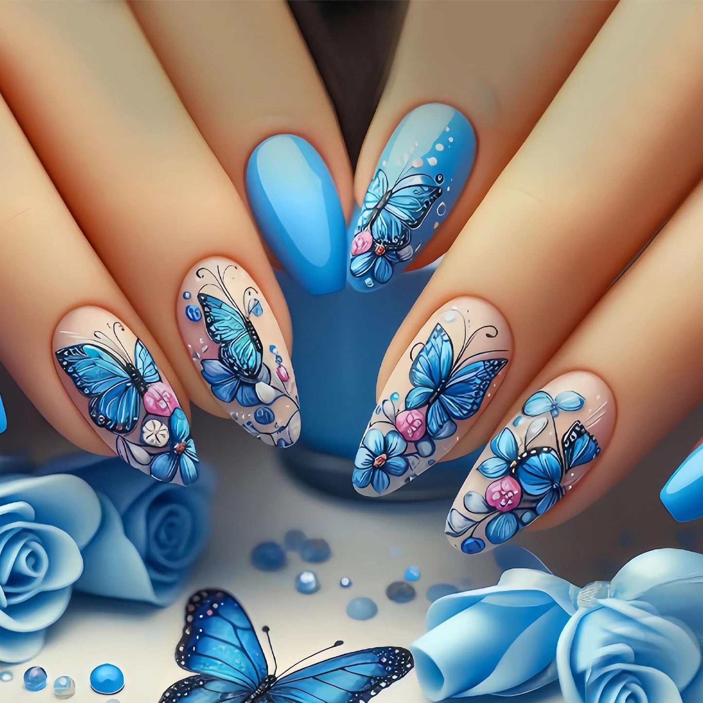BABALAL Press on False Nails Medium Almond Fake Nails Blue Glue on Acrylic Nails Butterfly Summer 24Pcs Stiletto Full Cover Artificial for Women Girls