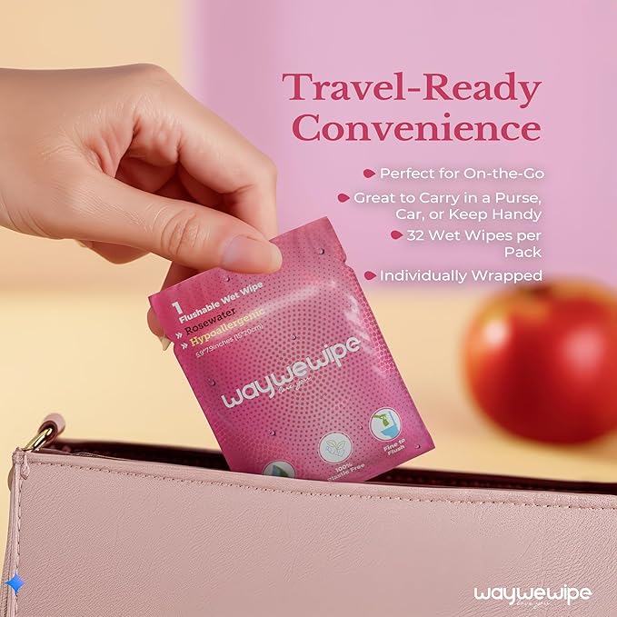 On-The-Go Flushable Feminine Wet Wipes, 32 Count XL Individually Wrapped Female Wipes, Hypoallergenic 100% Plant Based Septic Safe, Travel Size Adult Cleansing Cloth for Women, Rosewater