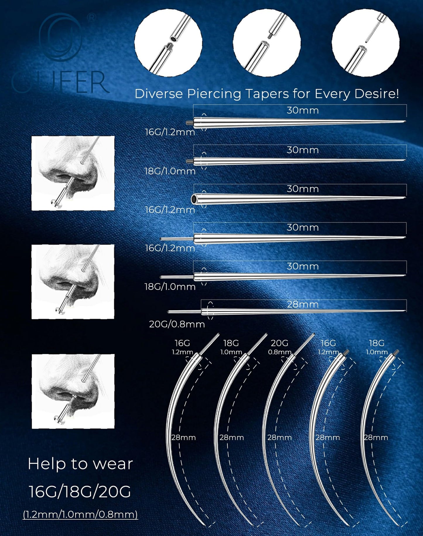 OUFER Piercing Ball Grabber, 16G/18G/20G Flat Back Earrings Piercing Guide needle Tool, Surgical Steel Internally Threaded Push Pin External Thread Assistant Body Piercing Kit for Ear Nose Lip Tool