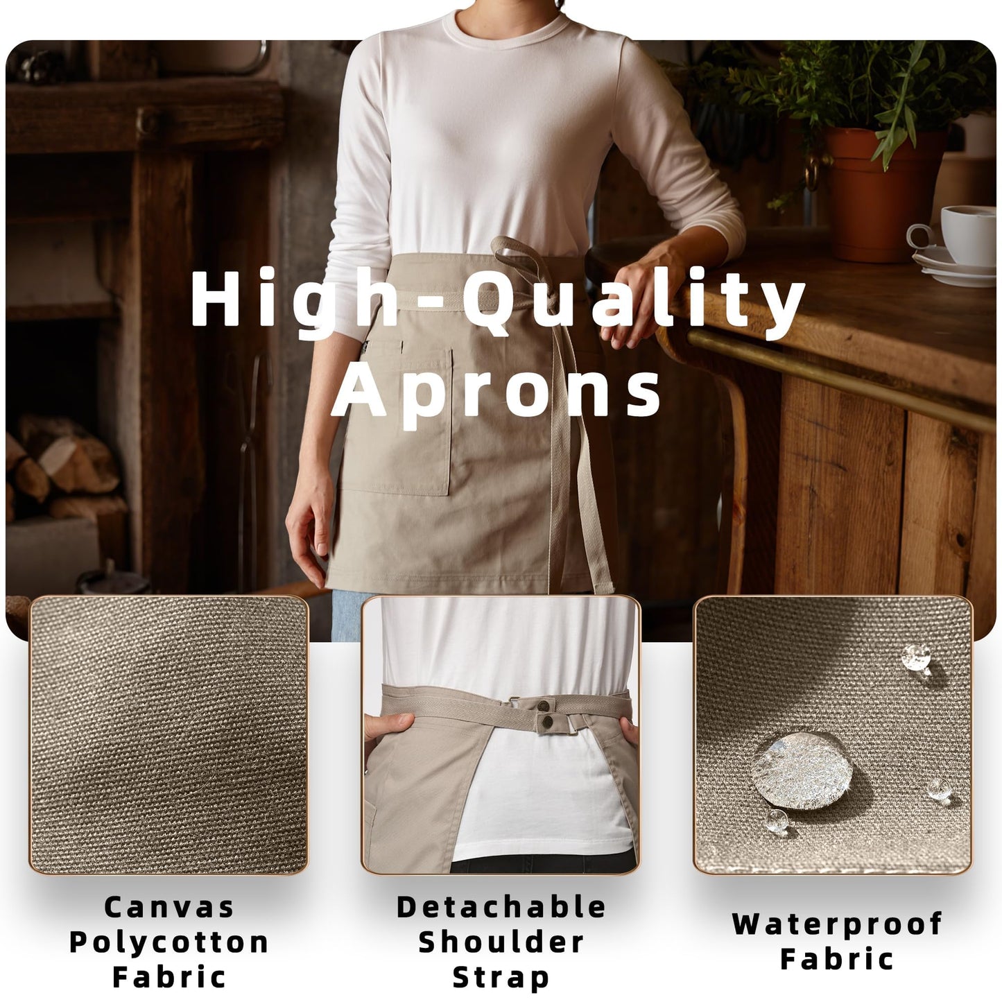 Guolamy Unisex Waist Apron Half Bistro Apron Server Aprons with Pockets Waterproof 4251BY(Khaki,1Pack