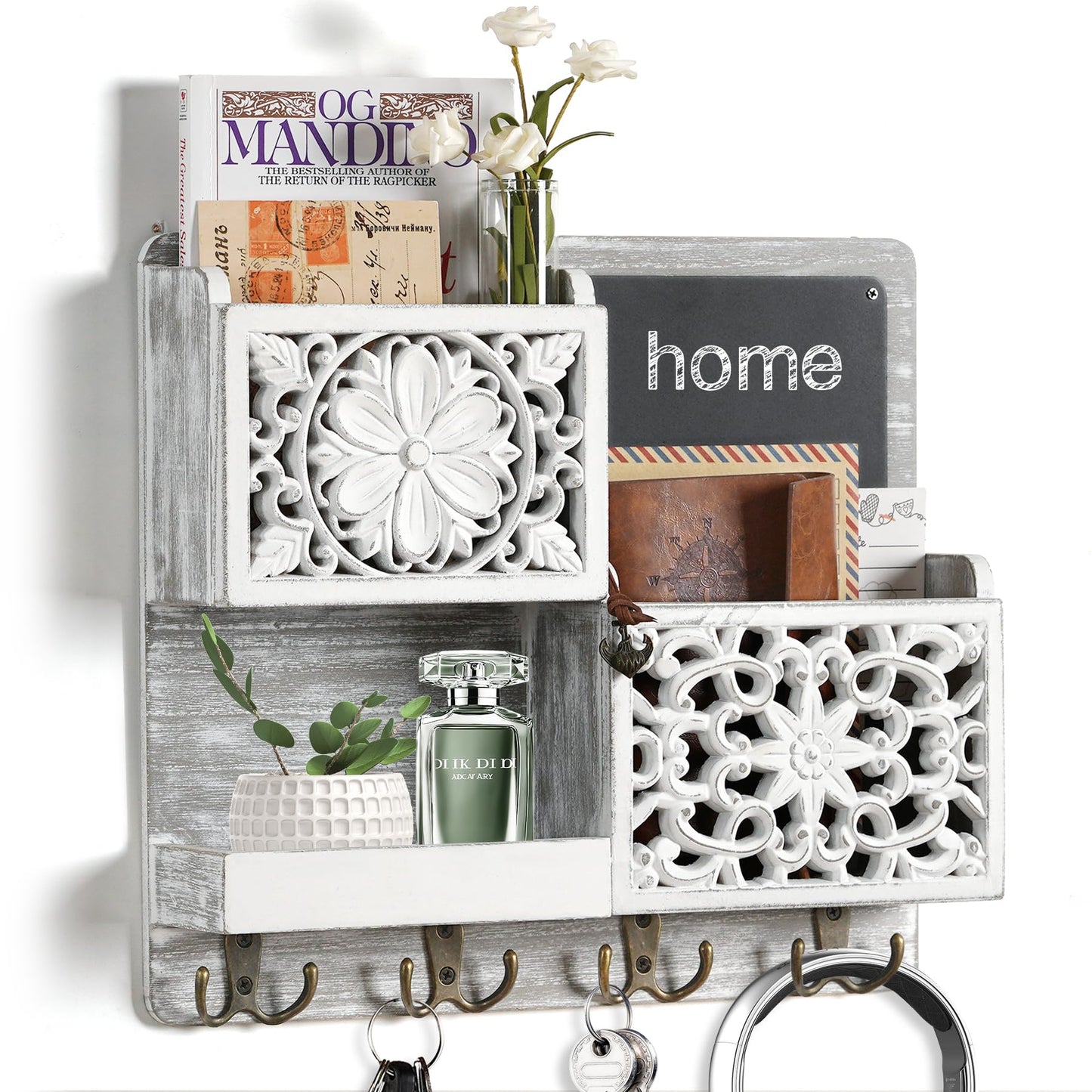 Dhmkfly Mail Organizer Wall Mounted, 2 Slots Key Holder for Wall with 8 Hooks, Rustic Wood Key Rack with Shelf for Entryway Hallwall Farmhouse