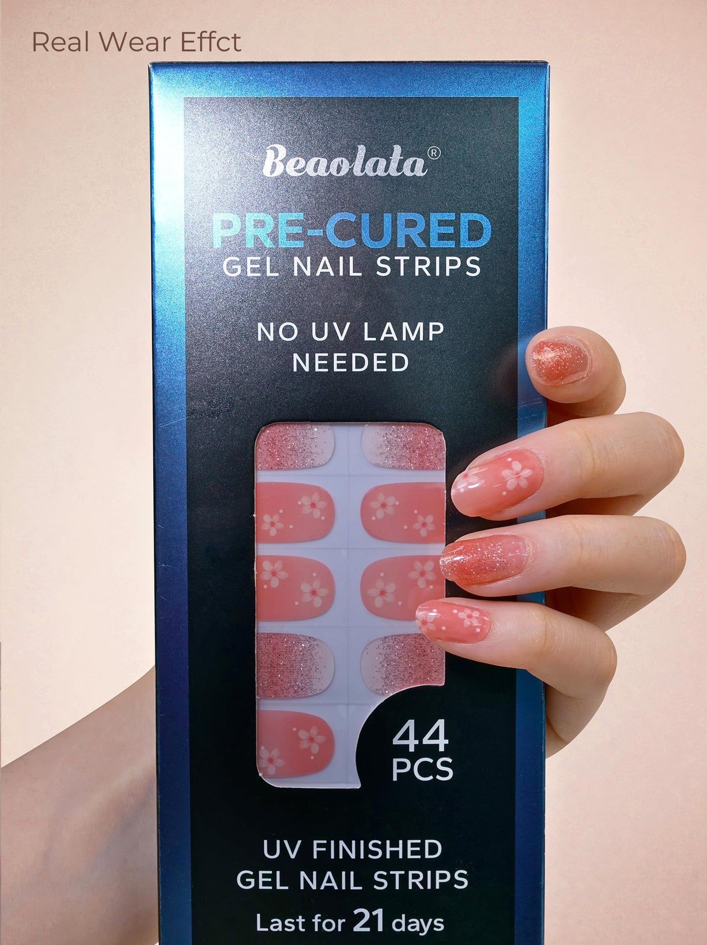 Beaolata Real Gel Nail Strips (No UV Light Needed) - 44Pcs Salon Quality Nail Stickers - Long Lasting Polish Wraps for Women, Easy Apply & Remove (BloomPink)