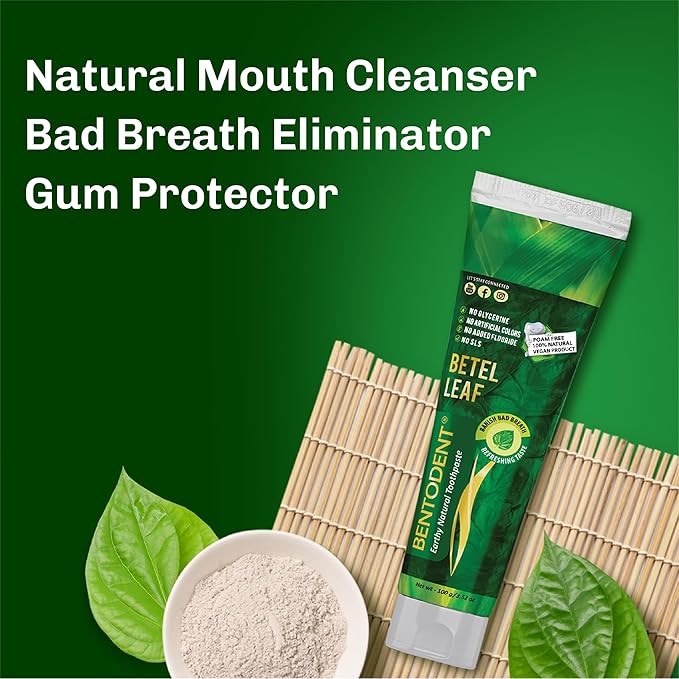 Bentodent Fluoride Free Remineralizing Calcium Bentonite Clay Natural Toothpaste-Certified Organic Ingredients-SLS Free,Vegan, Sensitive and Teeth Whitening - Adult & Kids (Betel Leaf)