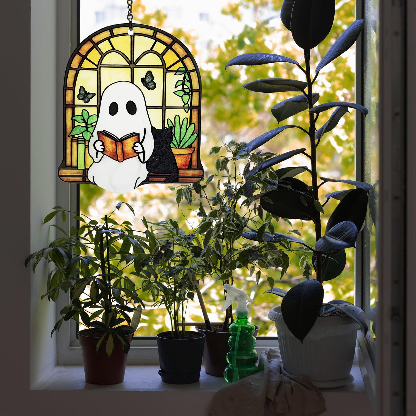 Ghost Black Cat Suncatcher, Ghost Reading Book Christmas Giifts for Women, Cat Lover Gifts