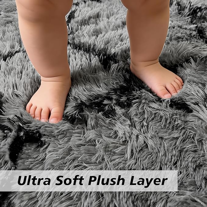Shag Area Rug for Bedroom 4x6,Fluffy Area Rugs for Living Room,Geometric Soft Fuzzy Rug Non-Shedding Indoor Plush Carpet for Kids Bedroom Nursery Dorm Home,Grey and Black