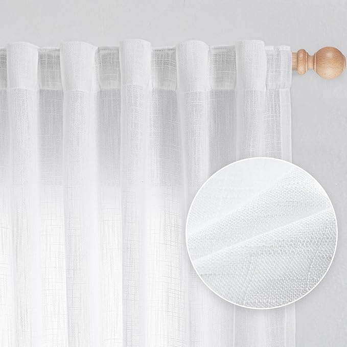 MYSKY HOME Floor to Ceiling Curtains 102 Inches White Sheer Window Drapes 2 Panel Sets Back Tab Draperies Linen Look Boho Fabric, Soft Cotton Blend Light Filtering for Living Room