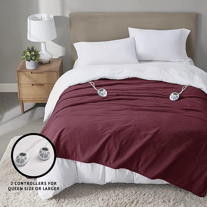 Serta Travis Fleece Ultra Soft Tri-Rib Textured Electric Blanket, Cozy and Snuggly Cover Fast Heating for Cold Weather, Auto Shut Off, Multi Heat Setting Controller, King, Berry Red