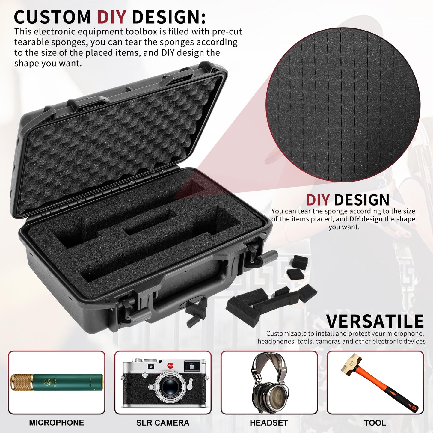 Hard Carrying Case,Shockproof Storage Box with Customizable Foam,11inch Portable Protective Tool Box for Microphone,Recorder,Electronics,Tools,Cameras,Equipment and More,11.6"x7.3"x2.8"