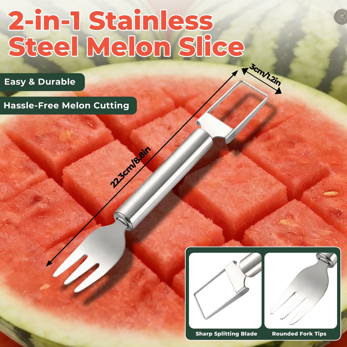 2-in-1 Stainless Steel Fruit Cutter, 2026 New Upgrade Dual Head Watermelon Fork Slicer Cutter Tool, Summer Watermelon Fruit Cutting Home Kitchen Gadgets (2PCS)