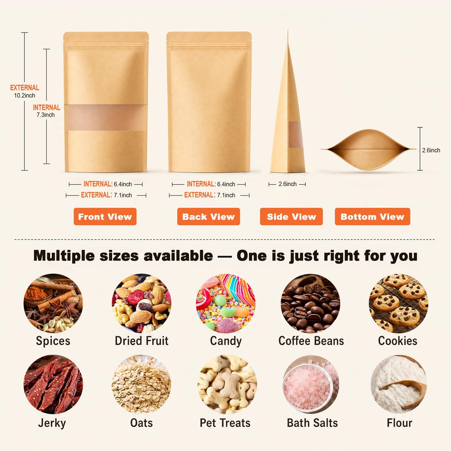 FireKylin 100 Pcs Resealable Bags, Inner Size 6.4" x 7.3" (Outer Size 7.1" x 10.2") Stand Up Paper Bags with Matte Window, Zipper Food Storage Bags for Packaging Products, Reusable, Sealable
