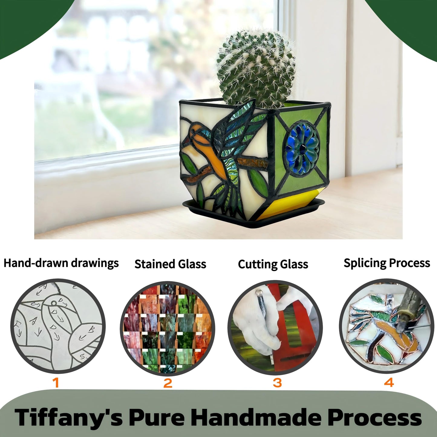Entlityful Handcrafted Stained Glass Hummingbird Planter, Indoor Decorative Flower Pot with Drainage, Planters for Indoor Plants,Garden Home Decor