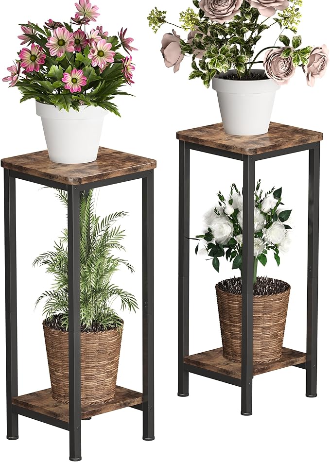 Homeiju Plant Stand Indoor, 2 Tier Wood Corner Plant Stand, Modern Square Plant Shelf Flower Stand for Living Room Patio Balcony Garden, Rustic Brown