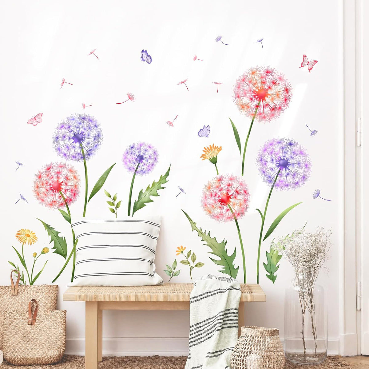 Dandelion Flower Butterfly Wall Decals Pink Purple Dandelion Plants Wall Stickers Peel and Stick Vinyl Wall Art Decor for Living Room Bedroom Office TV Sofa Backdrop Home Decor Gifts for Mom