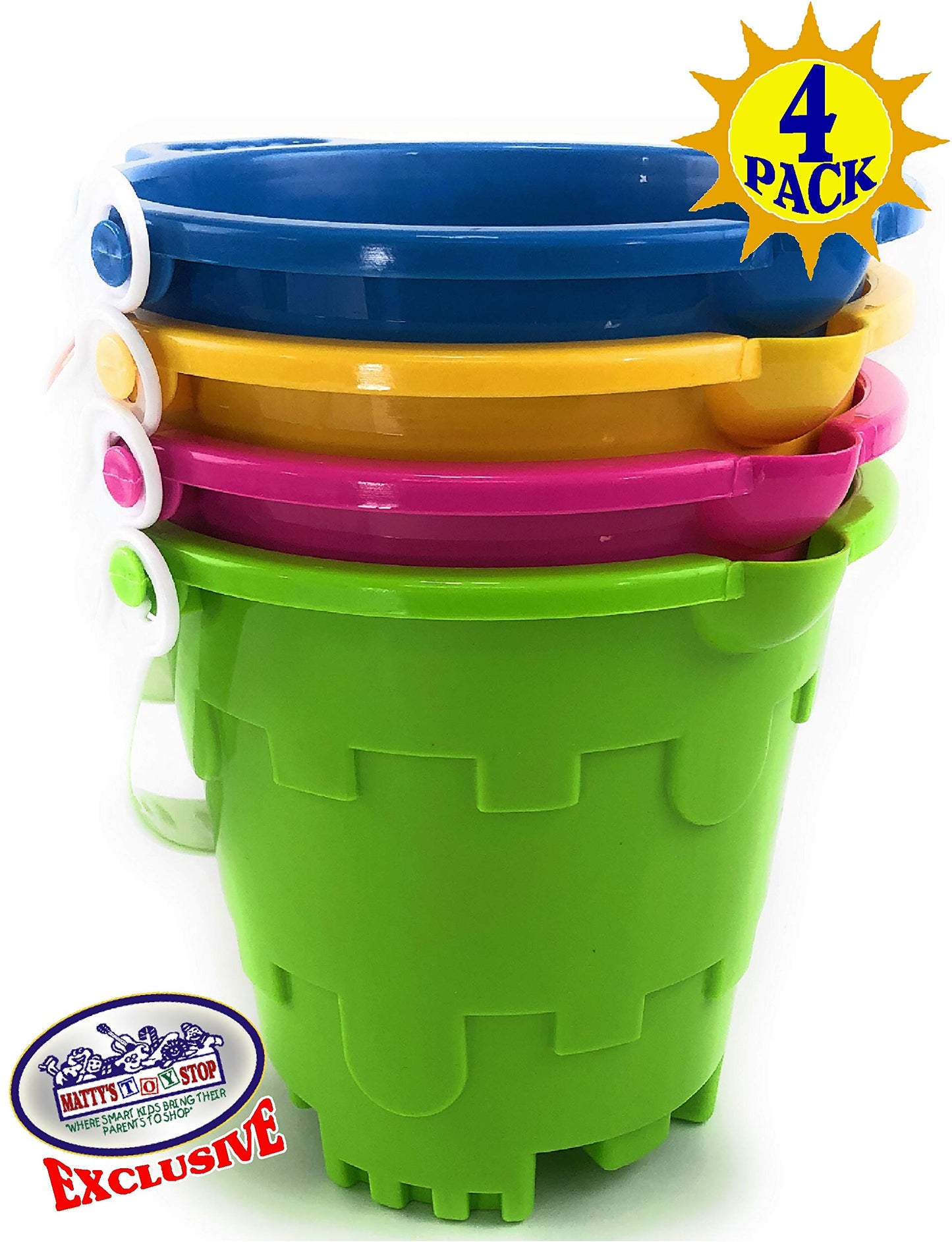 Matty's Toy Stop Beach Gear 7" Plastic Castle Mold Sand Buckets (Pails) with Easy Pour Spout and Handle Blue, Pink, Green & Yellow Party Set Bundle - 4 Pack