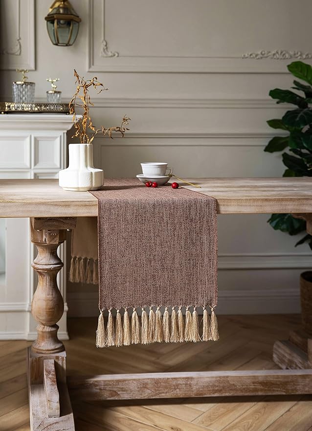 ZeeMart Brown Table Runners 36 Inches Long, Burlap Linen Style Rustic Farmhouse Table Runner, Small Short Boho Coffee Table Runner, 13x36 Inches, Brown