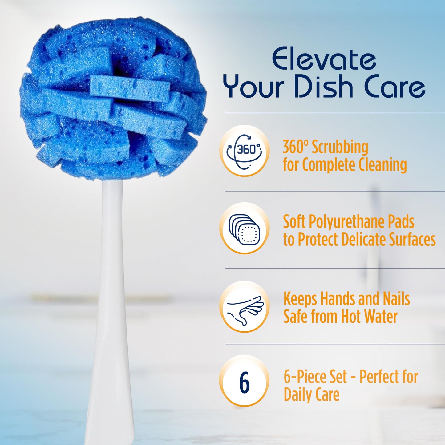 COMPAC HOME Dish Wand Kitchen Sponge | Effectively Clean China Dishes and Glassware | Unique Round Ball Shaped All-Around Cleaning Sponge | Gentle Flexible Brushes for Your Nice Dishes, 6 Count