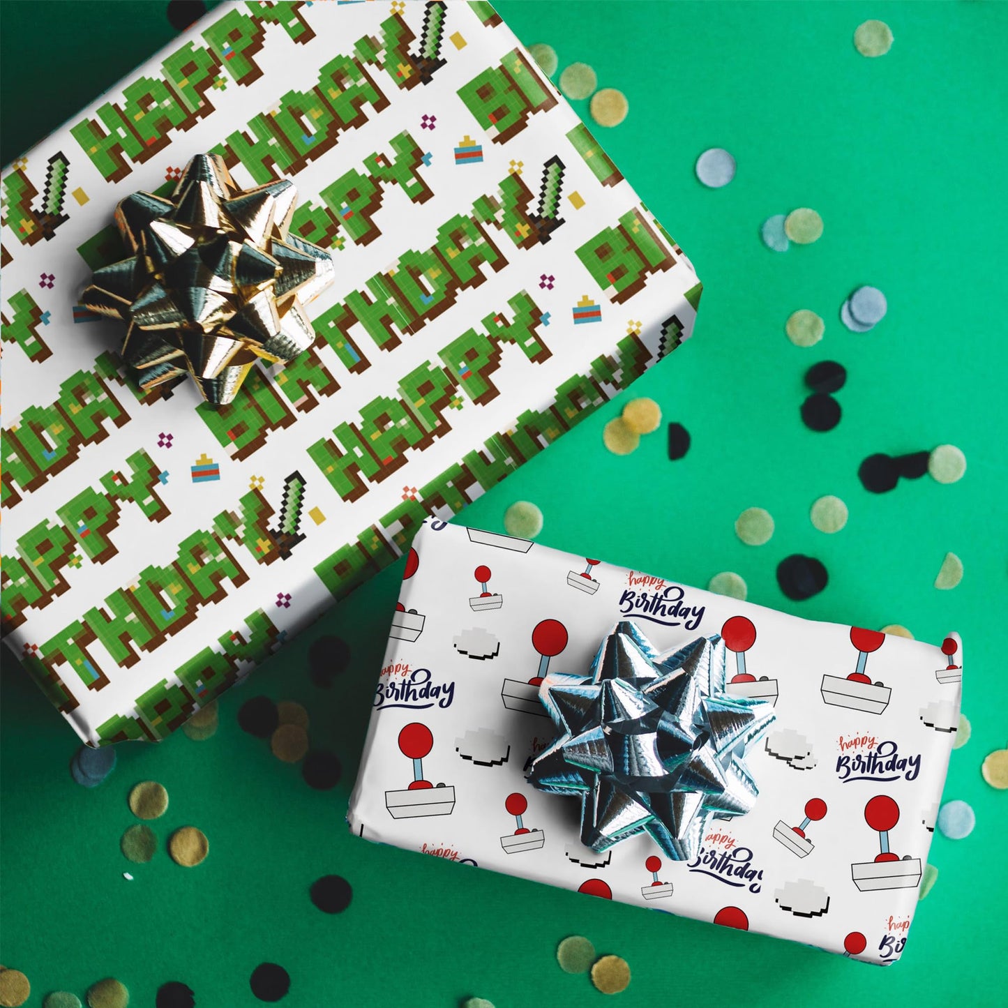 WRAPLULU Pixel Style Birthday Wrapping Paper Roll - 17.5" × 26 Ft - Retro Video Gaming Gift Wrap with HAPPY BIRTHDY, Perfect for Birthday Christmas