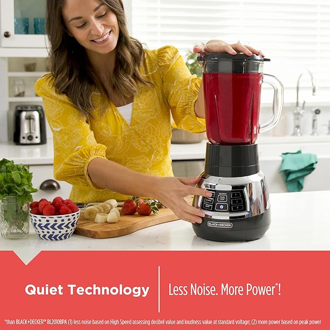 Black+Decker Quiet Blender with 6-Cup Cyclone Glass Jar, 3 Speeds + 3 Functions & Serrated Blade Technology for Faster Blending, Pulse Button and 24-oz Personal Jar, 900W