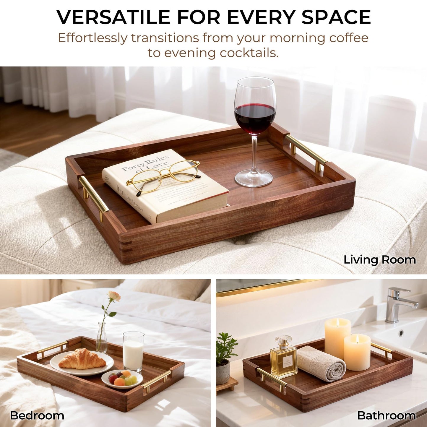 ZENPTIA Acacia Wood Serving Tray with 2 Sets of Handles (Gold & Silver) - 17" Large Wooden Tray for Ottoman Coffee Table, Decorative Tray for Living Room & Kitchen - Solid Wood Table Topper