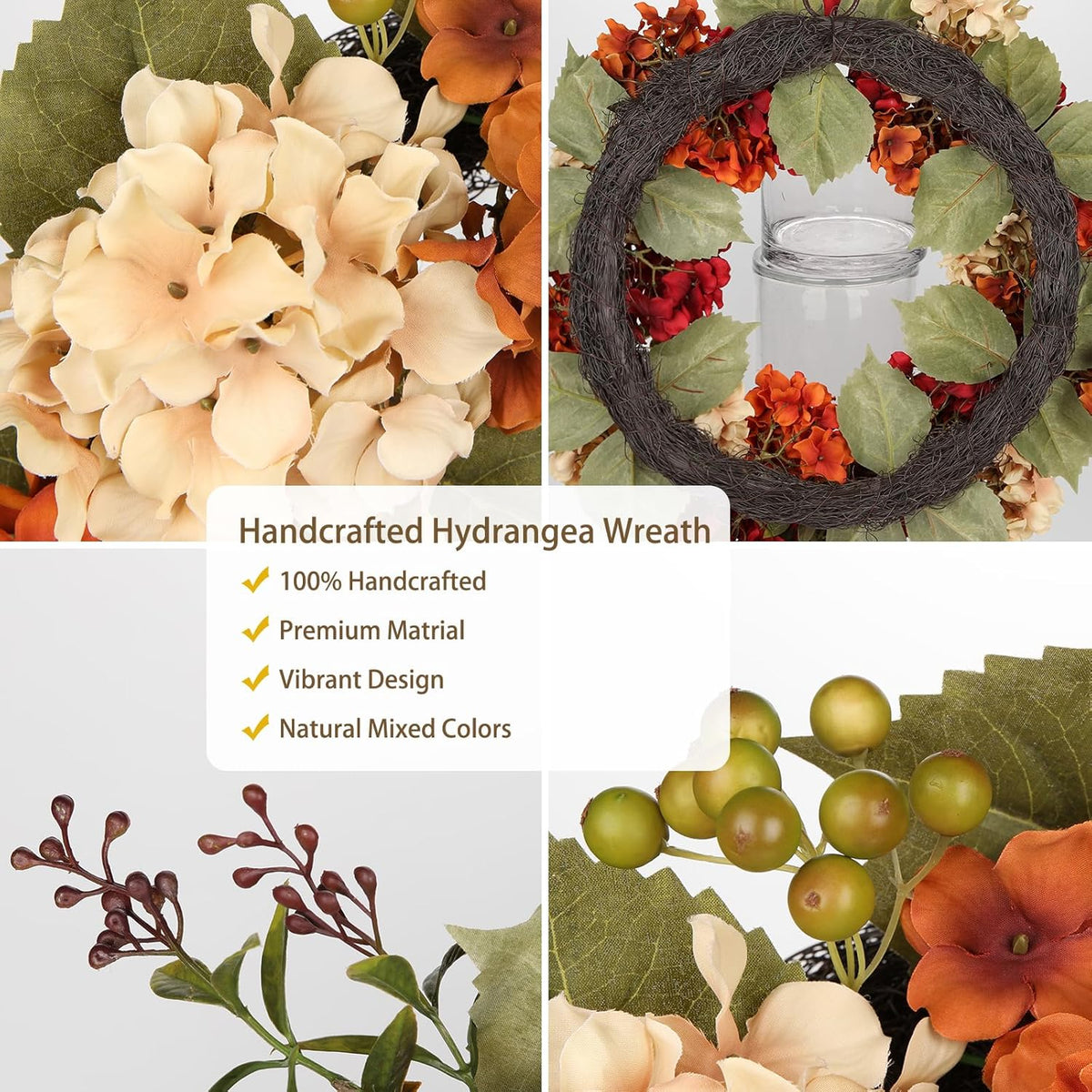Fall Wreaths for Front Door, 24 inch Autumn Wreath with Hydrangeas Berries Large Fall Door Wreath Artificial Hydrangea Flowers Wreaths Autumn Decorations for Farmhouse Thanksgiving Harvest Door Wall