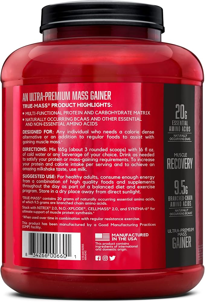BSN TRUE-MASS Weight Gainer, Muscle Mass Gainer Protein Powder, Vanilla Ice Cream, 5.82 Pound