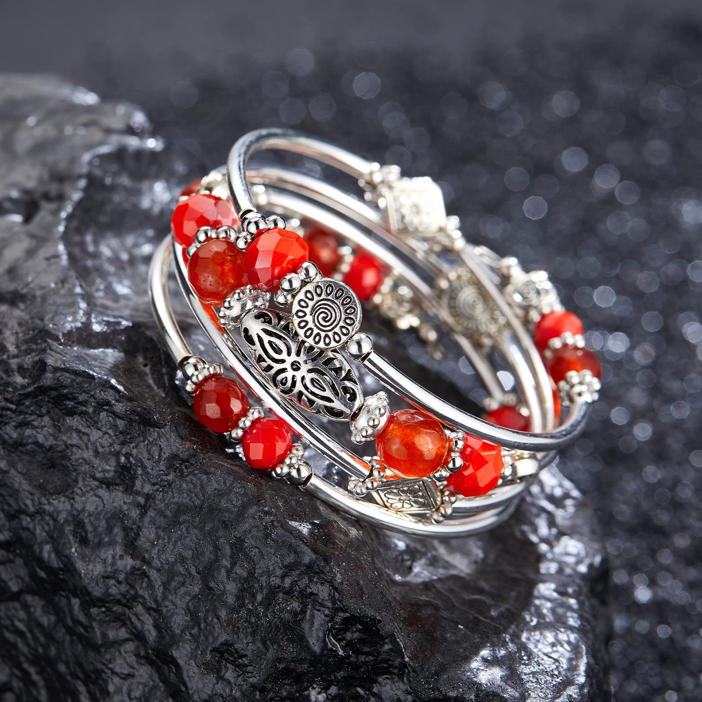 FULU AUTUMN Stackable Beaded Bracelets for Women Boho Wrap Silver Bracelet Layered Fashion Jewelry Gifts for Her(Bright orange)