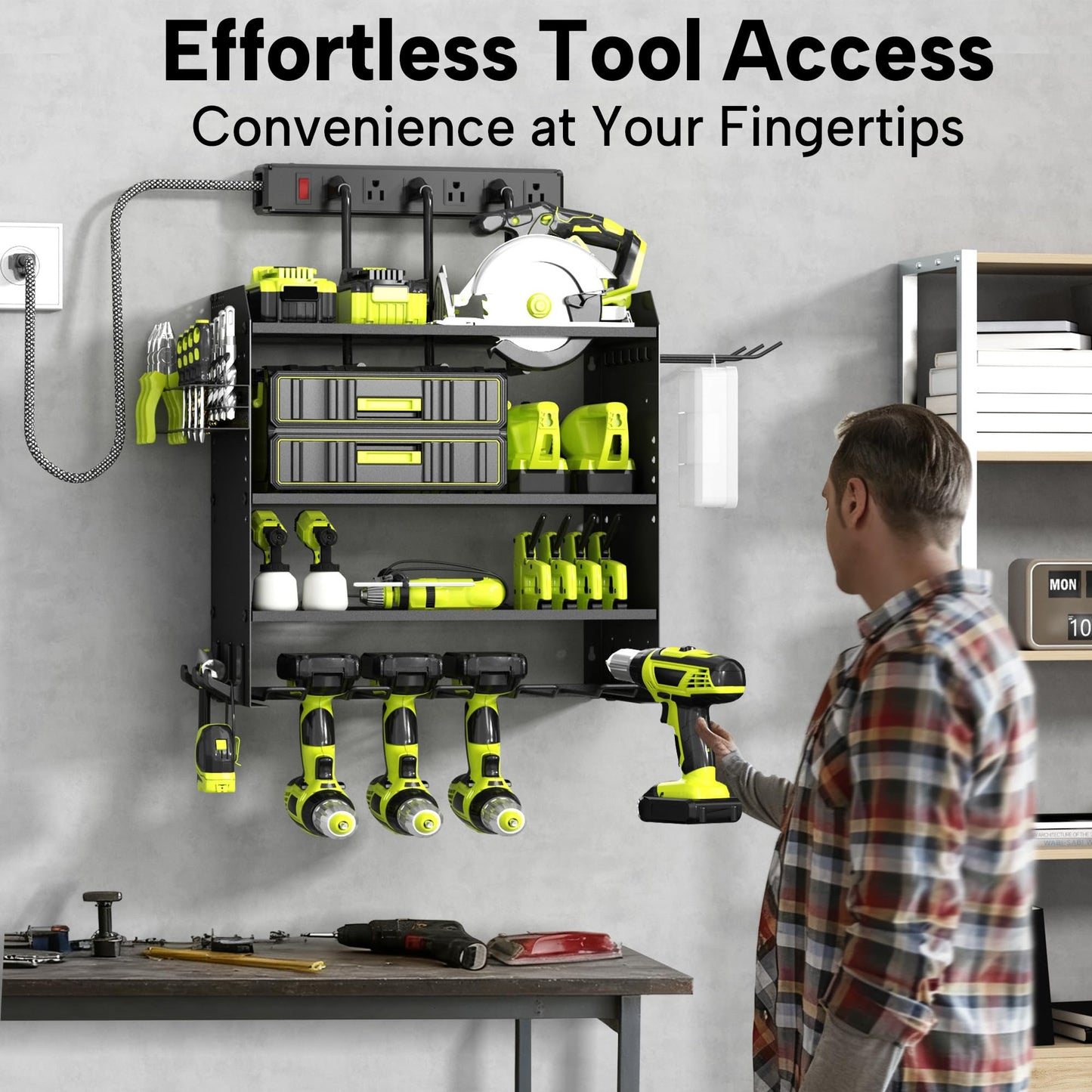 CFMASTER 4 Layer Heavy Duty Power Tool Organizer Wall Mount with Charging Station, Adjustable Metal Storage Rack, 6 Outlets Strip, Drill Holders, Hooks & Drill Bit Rack for Garage, Workshop, Black