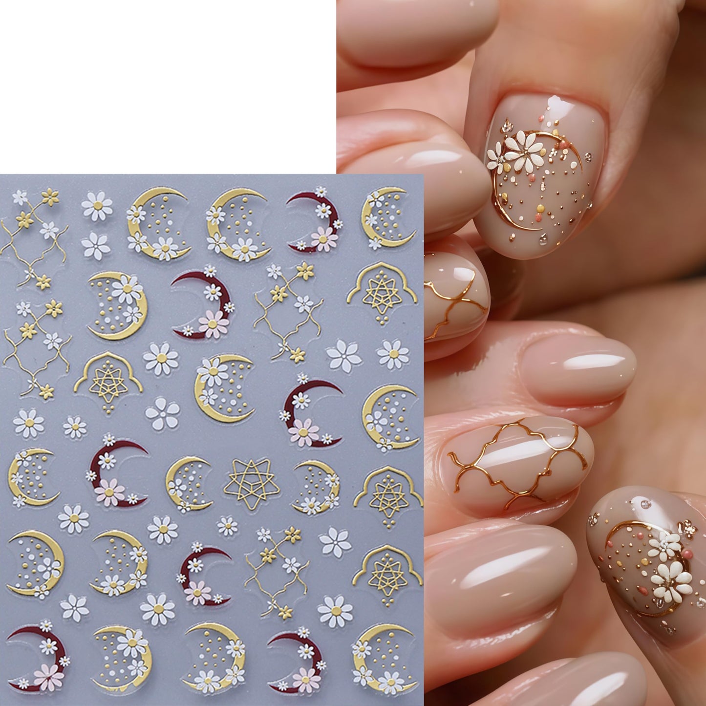 6 Sheets Daisy Moon Nail Art Stickers Flower Nail Stickers White Flower Nail Decals Cute Daisy Nails Supplies Gold Rose Gold Moon Daises Nail Design for Spring Summer DIY Nail Decorations Accessories